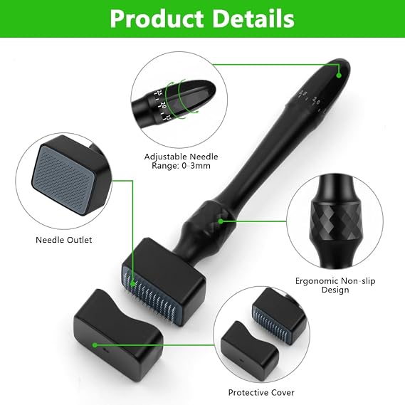 Microneedling Derma Stamp,Adjustable,140 Pins,Black,Non-Slip Handle | Titanium needle construction, handheld home skincare tool. Available in multiple needle counts and styles for facial, body