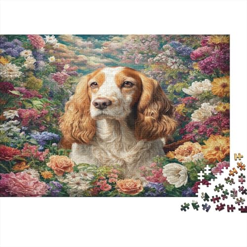 Perro Spaniel Puzzle de 1000 Piezas Papel para Adultos Jardín de Flores Juego de Puzzle 1000 Piezas Regalo Hogar 38x26cm/1000pcs