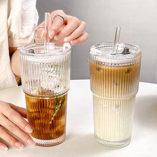 Colnic 4PCS 20oz Glass Cups with Lids and Straws, Iced Coffee Cups with Lids, Stylish Ribbed Thick Drinking Glasses Tumbler for Juice, Smoothies, Cold Beverages, Cute Cup Gifts with Clean Brush - image 6