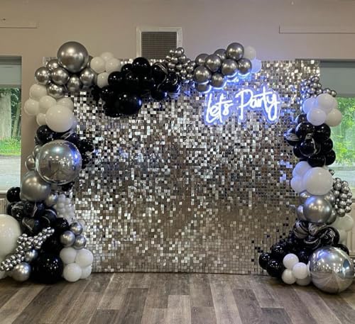 Image of Shimmer Wall Backdrop Silver 7FTx7FT Square Sequin Wall Panel Backdrop Decor for Wedding Anniversary Birthday Party, 49 Panels
