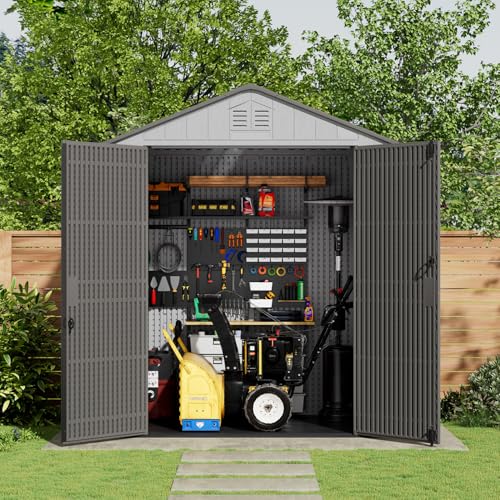 Image of KINYING 6x4 FT Outdoor Storage Shed,Resin Clearance Outdoor Sheds with Floor,Weather Resistant Garden Tool Shed for Lawn Mower /Bike Storage /Pool Supplies,Lockable