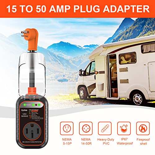 Image of EyGde 15 Amp to 50 Amp RV Adapter with Surge Protector - Upgraded NEMA 5-15P Male to 14-50R Female Plug, 15A to 50A RV Circuit Analyzer Power Protection with Waterproof Cover for 50Amp Camper Trailer