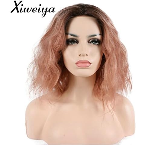 Xiweiya pink synthetic lace front wig with heat resistant fiber water wave curly short pink wig half hand tied for women hair replacement wig Cover