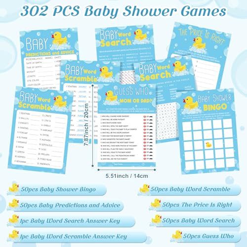 Image of Jetec 302 Pcs Yellow Rubber Duck Theme Baby Shower Games, 6 Games, 50 Sheets Each - Baby Shower, Word Scramble, Word Search, Predictions and Advice, the Price is Right