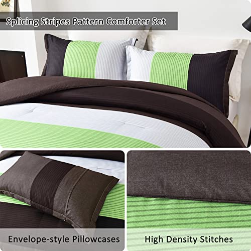 Brown Comforter Set Queen, Reversible Brown Green Stripe Bedding Comforter Set For All Season, 3 Pieces(1 Patchwork Comforter+2 Pillowcases), Soft Microfiber Bedding Set 90”×90” #TOP4