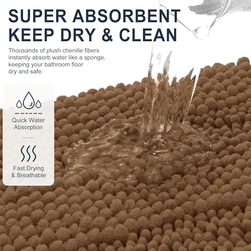 Image of Smiry Thick Chenille Bathroom Rugs 36x24, Extra Soft Absorbent Striped Bath Mat, Machine Washable, Rubber Backing, Bath Rugs for Bathroom, Tub & Shower, Modern Home Decor Accessories, Mocha