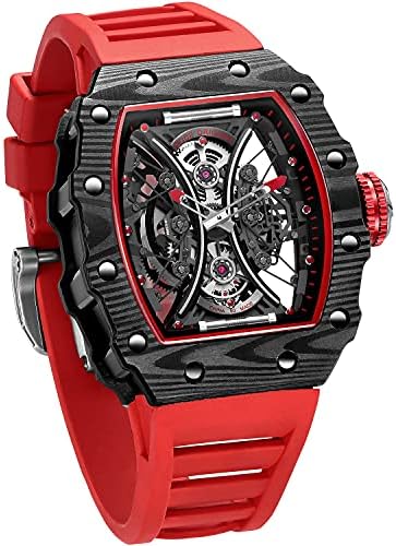 FEICE FM602 Red Watches for Men Automatic Skeleton Watch Waterproof Sapphire Crystal Japanese Movement Mens Wristwatch with Carbon Fiber Strap Anti Shock Business Watch.