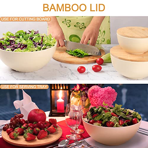 Eco Bamboo Fiber Salad Bowl Set With Bamboo Lid-Set Of 3 Salad Bowls (Natural White), Mixing Bowls & Storage Set For Serving Salad, Kitchen Eating,Set For Pasta, Chips, Soup, Fruit, Dips & Bread #TOP2
