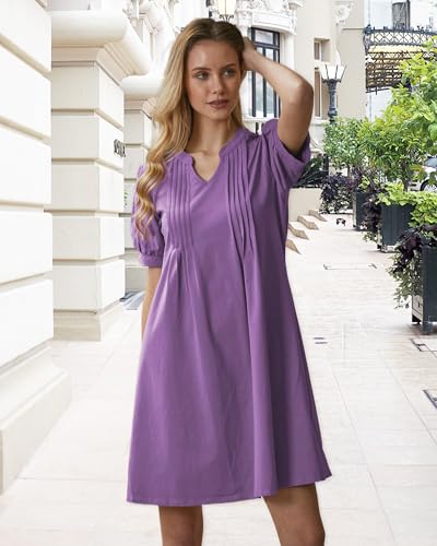 Image of Summer Dresses for Women 2025 Shift Dress V Neck Puff Short Sleeve T Shirt Dress Women's Casual Dresses Sundress
