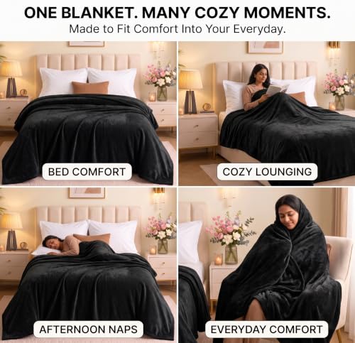 Image of BSB HOME Premium Flannel Blanket 280 GSM, Ultra Soft Plush & Cozy Warm Winter Blanket, Luxurious Double Bed Blanket for Adults, Elegant Solid Black Bedding, 90 x 86 Inches (230 x 220 cm) - Jet Black