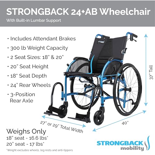 Strongback Mobility Comfort 24+AB Lightweight Wheelchair for Adults with Attendant Brakes - Folding Design for Transport with Ergonomic Adjustable Lumbar Back Support - 18\" Seat Width (Medium)