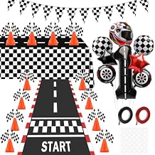 49 Pcs Checkered Flag Party Supplies, Pletpet Race Car Party Decorations Include 24P Racing Checkered Flags Hand Held 12P Traffic Cones 1 Hanging Checkered Flag 1 Racetrack Floor Running and Others