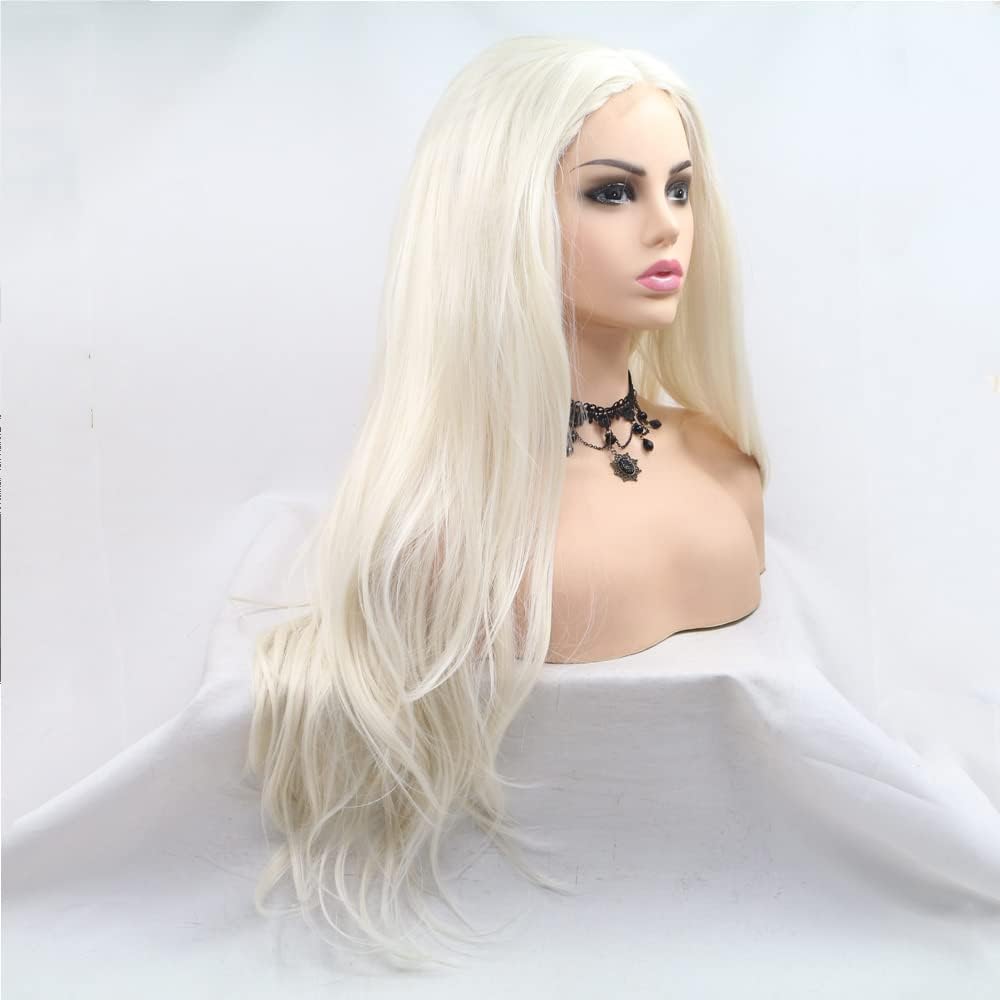 Xiweiya Long Body Wavy Platinum Blonde White Synthetic Lace Front Wig Soft Natural Hair Replacement Full Wig Heat Resistant Fiber For Women 24 inch - Image 4