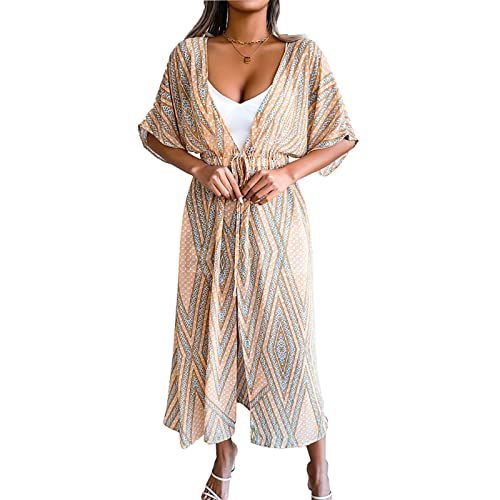 SDGWEG Damen's Lange Vertuschung,Geometrie Printed Vertuschungen Boho Badeanzug Halber Ärmel Krawatte Beachwear,Lose Kimono Bikini Vertuschung-Orange X-Large Cover