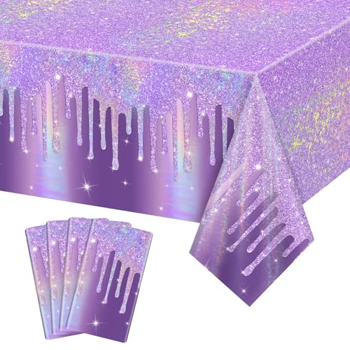 Lot de 4 nappes violettes brillantes, nappe laser violette pour fournitures de fête d'anniversaire