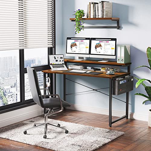 Odk Computer Desk With Adjustable Monitor Shelves, 48 Inch Home Office Desk With Monitor Stand, Writing Desk, Study Workstation With 3 Heights (10Cm, 13Cm, 16Cm), Rustic Brown #TOP1