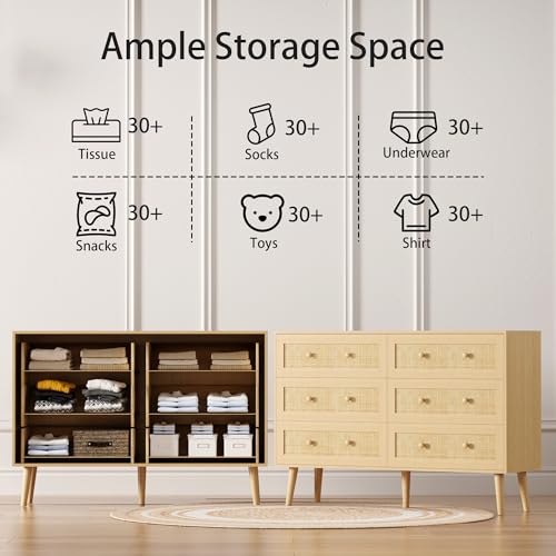 Dresser for Bedroom with 6 Drawer, Natural Rattan Chest of Dressers, Wide Wood Double Dresser, Wooden TV Stand Closet Storage Furniture, Boho Small Clothes Organizer for Hallway, Living Room, Entryway - Thumbnail 4