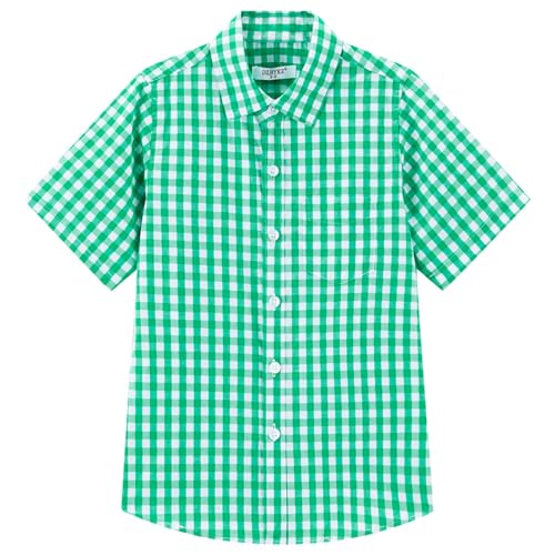 DILBYKE Boys' School Shirt Short Sleeve Plaid Button Down Cotton Shirts, Green Check Gingham, 11-12 Years