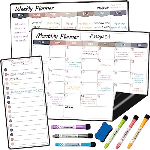 Magnetic Monthly Calendar for Fridge - 3pcs Colorful Magnetic Fridge Calendar Dry Erase Boards Includes Monthly Calendar, Magnetic Whiteboard for Fridge, Notepad, 6 Color Markers and Eraser