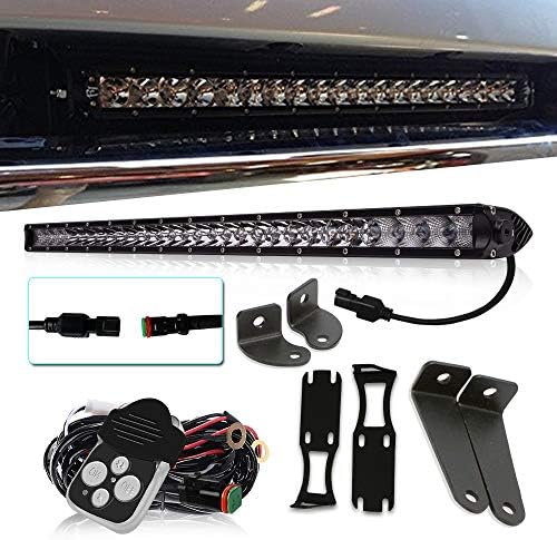QUAKEWORLD DOT 21" Single Row Led Light Bar Driving Offroad Led Bar w/Front Hidden Bumper Recess Bracket + DT Connector Wiring Harness & Remote Control For 2004-2013 & 2016 Dodge Ram 2500 3500 4Wd/2Wd