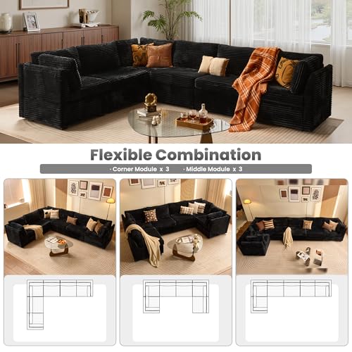 Image of ovios Modular Sectional Sofa Couch with V-Shape Chaise Convertible, Comfy Plush Corduroy Cloud Couches, Modern Luxury Deep Seat Sofas Set for Living Room, 6-Seater, Black