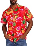 King Kameha Funky Camisa-Hawaiana, Manga-Corta, Flamingo-Melon, Rojo, M