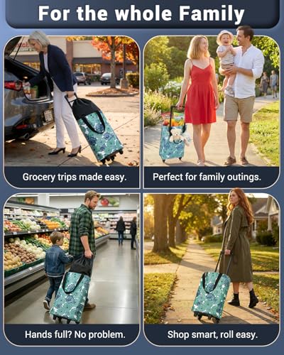 Image of Rolling Shopping Bag, Small Shopping Cart with Wheels,Collapsible Portable Waterproof Tote for Market & Grocery Runs-Gift for Women & Seniors(Flower&Expandable Bag)