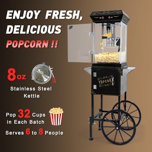 Image of Popcorn Machine with Cart & Wheels -Pop corn Machine Maker with 8OZ Stainless Steel Kettle, Popcorn Popper for Home, Parties, Movie Theater, Black