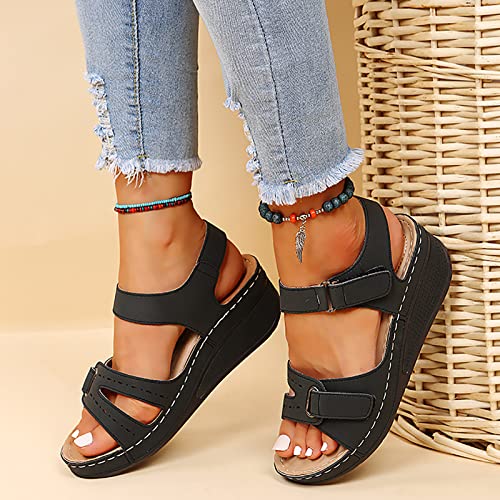 Dheva-C Orthopedic Wedge Sandals For Women Open Toe Ankle Strap Platform Sandals Casual Strappy Low Wedges Sandals Zipper Summer Beach Sandals Dress Shoes Comfortable Outdoor Shoes (Black-2, 8.5) #TOP1