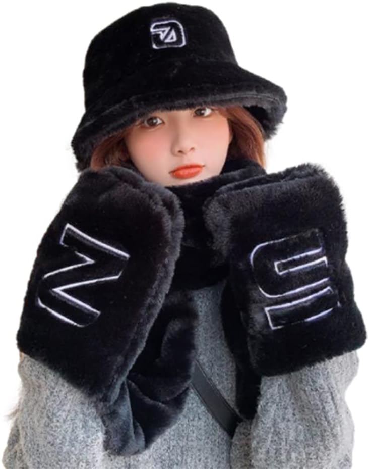 Scarf,Beanie Gloves Scarf Set Cute Bucket Hats For Teens Girls Fuzzy Bucket Hat Fisherman Hat Lady Winter Warm Scarf(Black)