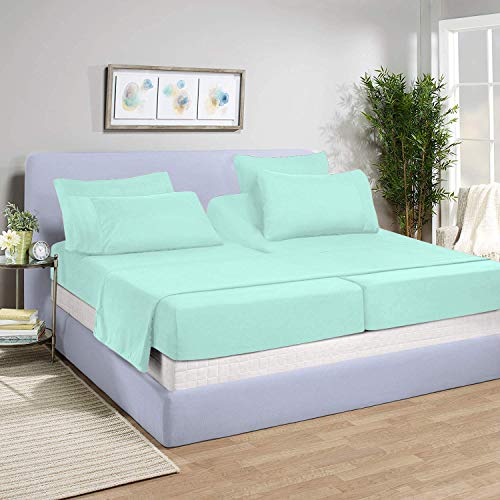 Online Bedding Linen Split California King Sheets Sets for Adjustable Bed, 600 Thread Count Egyptian Cotton Sheets, 5 Piece Split Cal-King Sheet Set, Sateen Sheets, 15" Deep Pocket - Aqua Green Solid