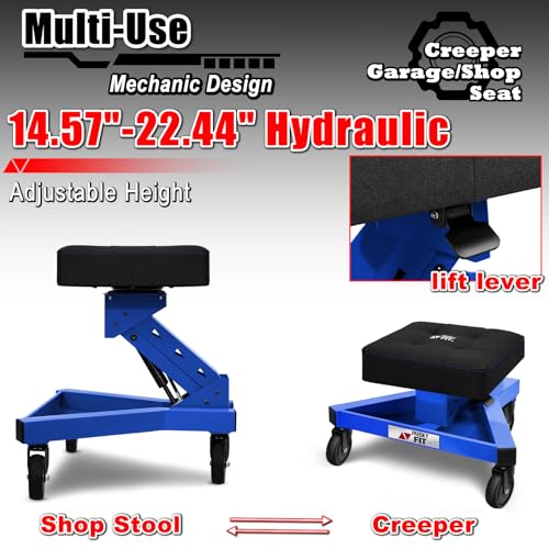 Image of Mechanic Stool with Wheels, Hydraulic Adjustable Shop Stool on Wheels, Garage Work Rolling Chair for Workshop, 400 LBS Capacity, 4 Inch Casters, 360 Swivel Casters Roller Chair, Blue