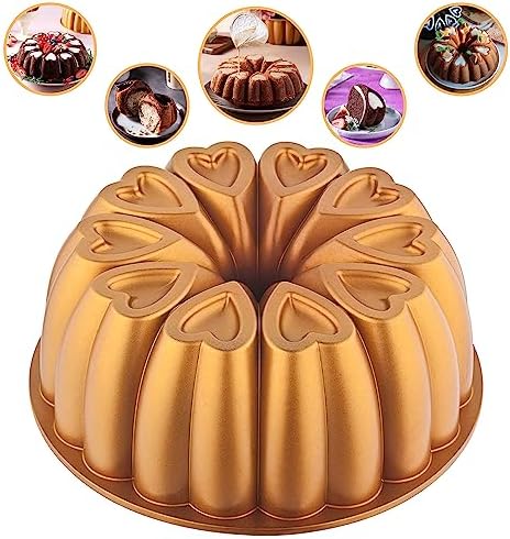 MIENCA Heart Shape Aluminum Cake Pan, Titanium Coating, Non-Stick, 12 Cups, Heavy Duty, Gifts for Mom, 10 Inch Baking Mold, Cast Aluminum Fluted Tube Pan, Easy to Clean (Gold)