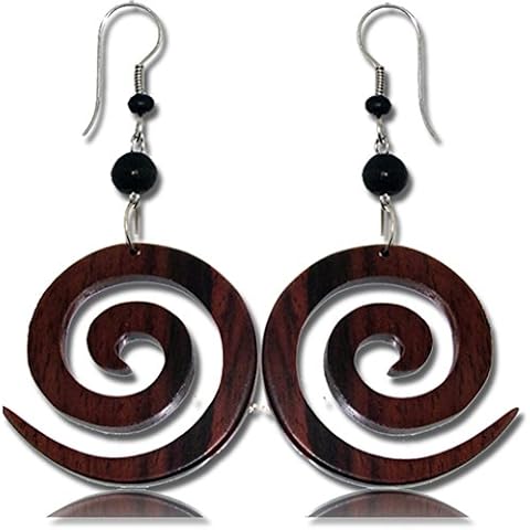 Earth Accessories Organic Wood Dangle Spiral Earrings for Women - Boho Ear Rings or Tribal Earring for African, Hawaiian, Maui, Egyptian, or Indian Looks Cover