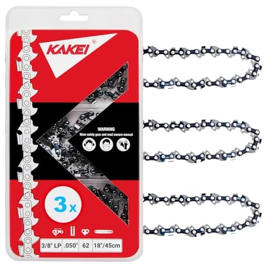 KAKEI 18 Inch Chainsaw Chain 3/8" LP Pitch .050" Gauge 62 Drive Links Fits Poulan, Kobalt, Echo, Ego, Greenworks and More- S62 (3 Chains) - Semi Chisel