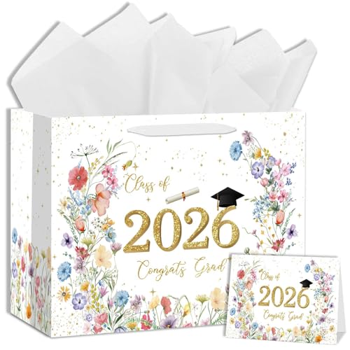 Zliisang 1PCS Class of 2026 Graduation Gift Bag for Girls with Tissue Paper and Greeting Card Wildflower Floral Congrats Grad Party Favor Supplies Graduation Party Decorations