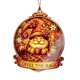Coffee Gnome Decor - Coffee Lover Gift – Fantasy Barista Art – Keepsake Card Coffe Beans Magic – Autumn Holiday Ornament – Suncatcher Effect Stained Glass Window – Car Hanging