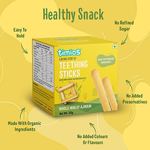 Image of Timios Organic Teething Sticks - Whole Wheat & Ajwain, 150g, Healthy, Tasty & Preservative-Free Baby Snack, Soothes Gums, Promotes Self-Feeding