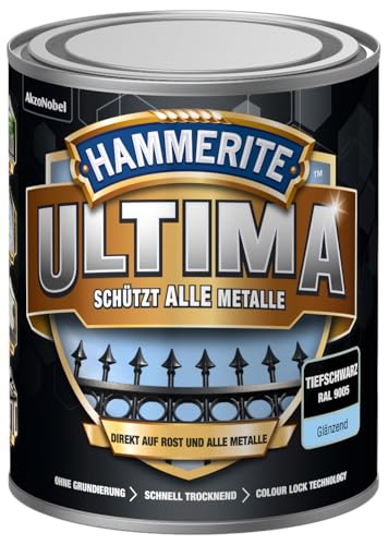 Hammerite Ultima Glänzend, Metallschutzlack, Hochwertiger Schutzlack für alle Metalle im Außenbereich, Tiefschwarz RAL9005, 750 ml