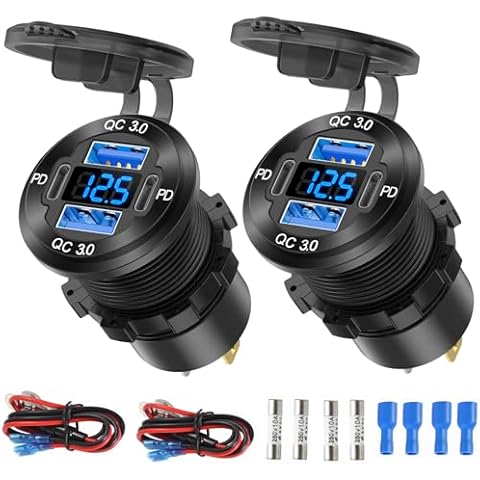 2 Pack 12V USB Outlet 4 Port Car Charger Socket, 78W Dual PD USB C and Dual Quick Charge 3.0 Port Aluminum Charger with Voltmeter DIY Kit Waterproof for Car Boat Marine Motorcycle RV ATV Truck, etc Cover