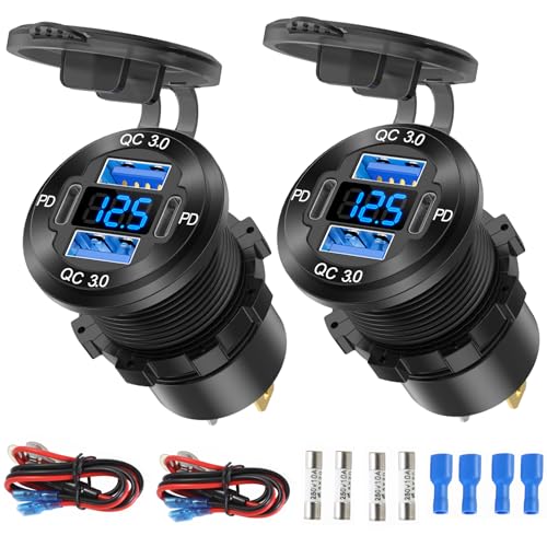 2 Pack 12V USB Outlet 4 Port Car Charger Socket, 78W Dual PD USB C and Dual Quick Charge 3.0 Port Aluminum Charger with Voltmeter DIY Kit Waterproof for Car Boat Marine Motorcycle RV ATV Truck, etc