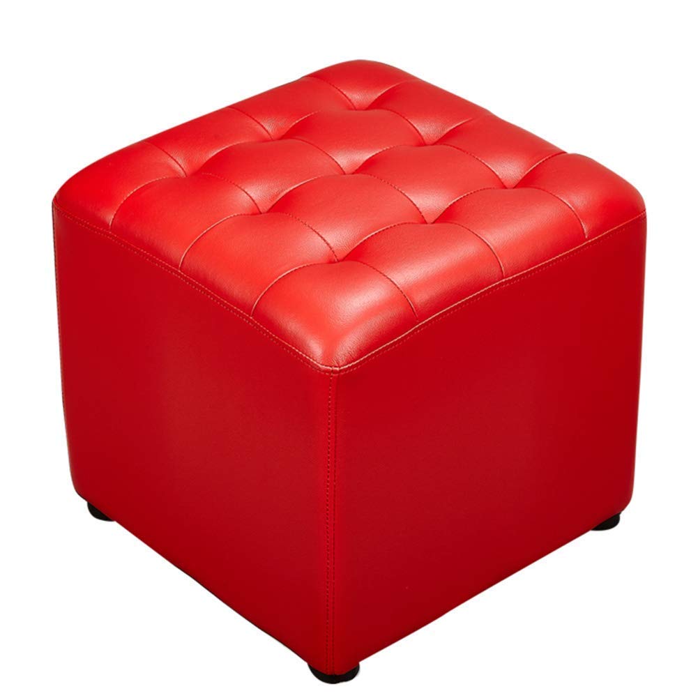 Pouf ottomano cubico in pelle – poggiapiedi imbottito rosso base in legno massello moderno salotto tavolino e piccola panca 40 x 40 x 35 cm (16 x 16 x 14 pollici)