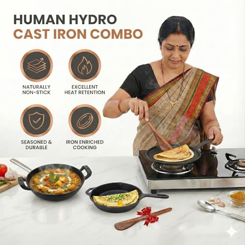 Image of Human Hydro Pre-Seasoned Cast Iron Combo | Fry Pan 24cm + Kadai 26cm (2.2L) + Single-Handle Dosa Tawa 25cm with Spatula | Naturally Non-Stick When Seasoned | Gas & Induction Compatible