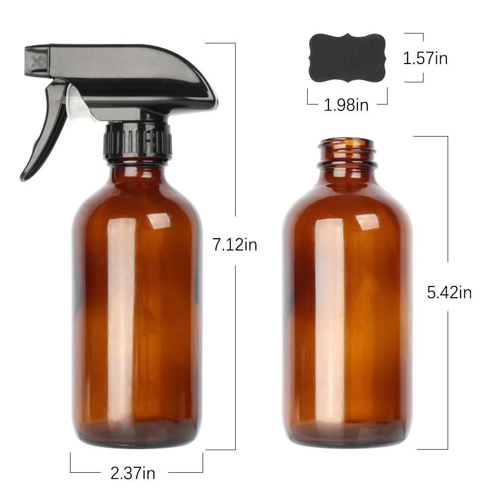 3 Pack 8 oz Amber Boston Glass Spray Bottles,Refillable Trigger Sprayers with Mist & Stream for Essential Oils, Bath, Beauty, Hair & Cleaning Products.Include 6 Chalk Labels.