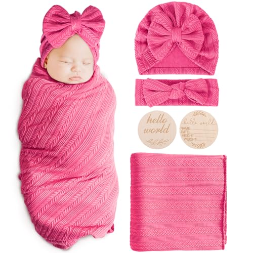 Image of AQOKKA Newborn Receiving Blanket with Bow Hat Headband Wooden Card Set Wheat-Pattern Newborns Toddler Baby Boy Girl Nursery Swaddle Wrap