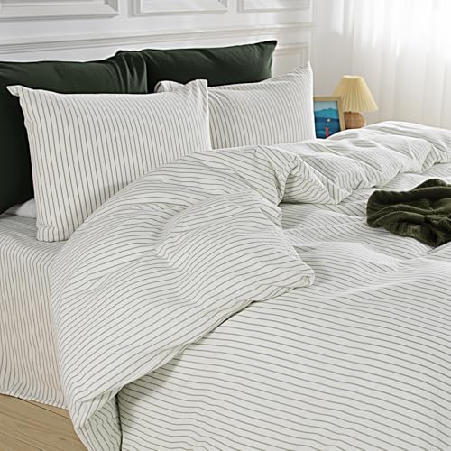 Image of NEXHOME PRO Striped Duvet Cover Queen Size,100% Washed Cotton Bedding Set,Textured Linen Feel,Breathable,Organic,3 Piece(Green Stripes 90x90)