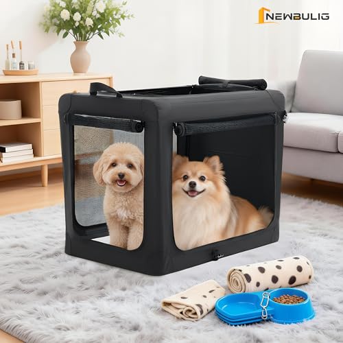 Image of NEWBULIG Collapsible Dog Crate 24 Inch, Portable Travel Crate for Dogs and Cats, Soft Foldable Pet Kennel with 3-Door Mesh Windows Indoor & Outdoor