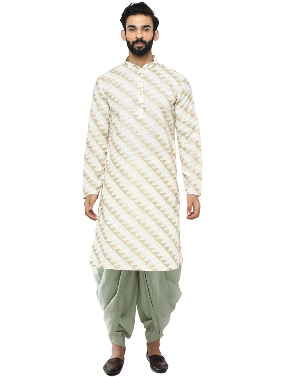 Kisah Men's Kurta, Cream Cotton Blend, Printed Regular Fit Mandarin Collar Long Sleeves (Xl)
