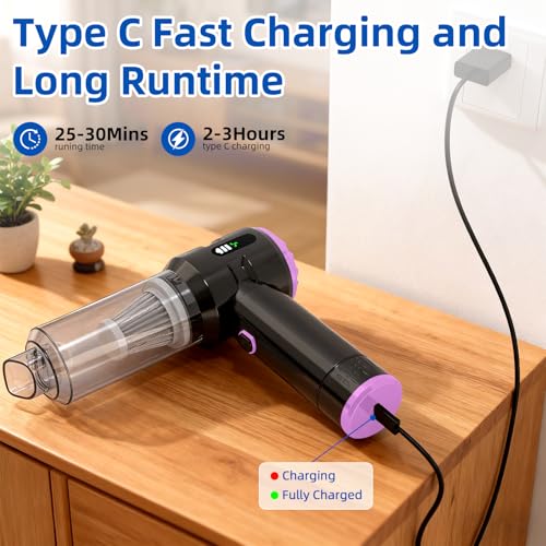 Image of Sycoodeal Handheld Car Vacuum Cleaner, 25000PA Strong Cyclonic Suction Portable Mini Vacuum Cordless with Digital Display Lightweight Handheld for Pet Hair, Car, Home, Office, Kitchen (Purple)