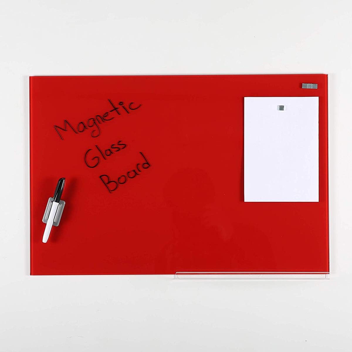 M&T Displays Wall Mounting Tempered Glass Dry Erase Write On Board Set Red with Whiteboard Marker 4 Magnetic Pins for Office School Home Kids (23.63x35.44 inch)